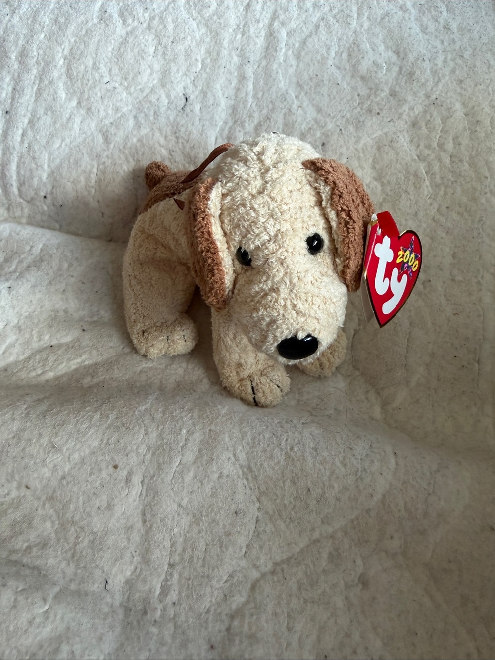 Ty NWT Rufus Cream and Brown Beanie Baby  Dog Toy with Heart Tag